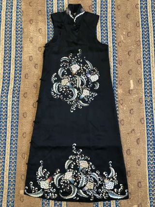 Vintage 1930s 40s Chinese Embroidered Silk Cheongsam Qipao Fine Florals Pankou