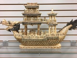 Very Large Finely Detailed Carved Bone Chinese Dragon Boat