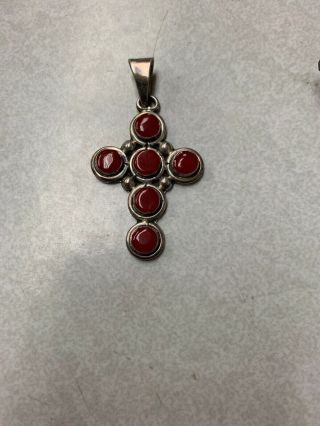 Vintage Taxco Mexico 925 Sterling Silver Red Stone Inlay Cross Pendant
