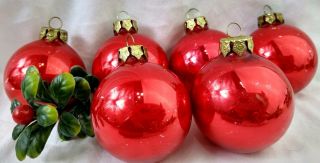 Vintage Christmas Ornament Red Mercury Glass Set Of 6 Balls Gold Cap