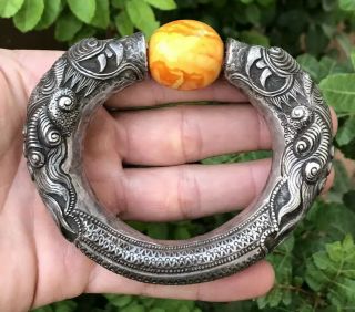 Antique Old Chinese Export Silver & Dragon & Butterscotch Amber Bracelet 113.  5g