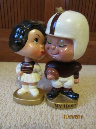 Vintage " My Hero " Paper Mache Bobble Head Kissing Boy & Girl