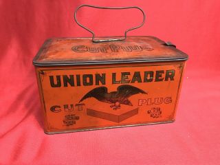 Vintage 1920s Metal Tin Union Leader Cut Plug Tobacco For Smokeing And For Chew