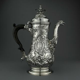 Fantastic Ornate Antique George Ii Solid Sterling Silver Coffee Pot London,  1758
