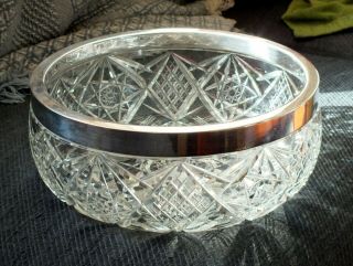 Antique Danish Hand Cut Crystal Berry Bowl With Sterling Silver Rim,  Early 1900s