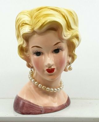 Rare Vintage Lefton Lady Head Vase With Pearl Earrings & Necklace 3368 6 "