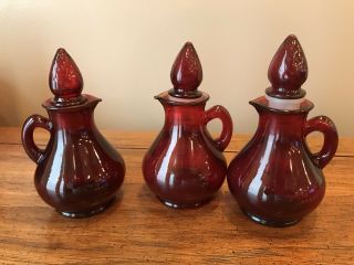 Vintage AVON Ruby Red Glass Pitcher Bottle with Strawberry Shaped Stopper 2