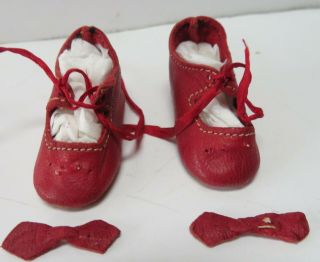 Antique Doll Shoes Red Leather Bows And Ties