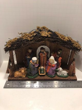 Vintage Mid Century Modern Nativity 8 Ceramic Figures Wood Creche Solid