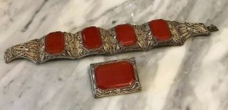 Antique Vintage Chinese Silver Filigree & Stone Carnelian? Bracelet & Pin Set