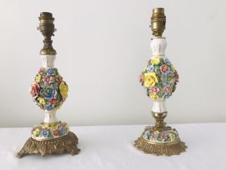 Pair Antique Vintage Art Deco Italian Barbola Ceramic Table Lamps - Pat