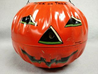 Vintage 1950’s Tin Litho Trick Or Treat Halloween Pumpkin 5 " Tall Owl & Bat