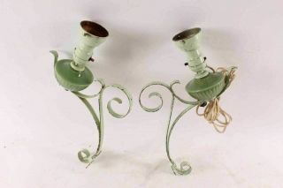 Pair Vintage Green Paint Metal Glass Wall Sconce Lights