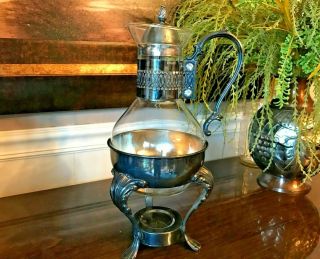 Vintage Mid - Century Silver Plated And Glass Coffee/carafe Pot With Warmer Stand