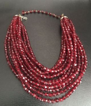 Stunning Gold Tone Vintage 12 Strand Ruby Red Glass Couture Necklace