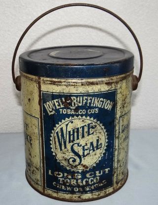 Antique White Seal Tobacco Tin Pail Smoking Advertising Lovell Buffington Vtg