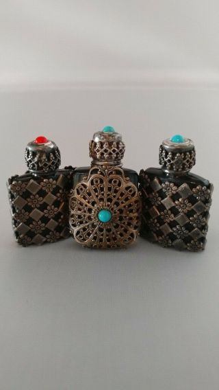 Vintage Perfume Bottles 3 Tiny Made In France Silver With Stones
