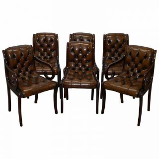 Set Of 6 Fully Restored Chesterfield Dining Chairs Whisky Brown Leather Ten Set