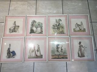 Set Of 8 Antique French Prints In Vintage Frames,  Georgian Ladies,  Fashion