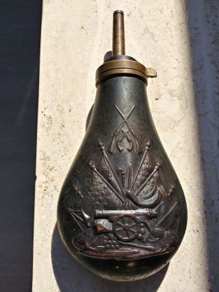 Antique Brass Copper Black Powder Flask Embossed War Scene Cannon Muscat Arrows