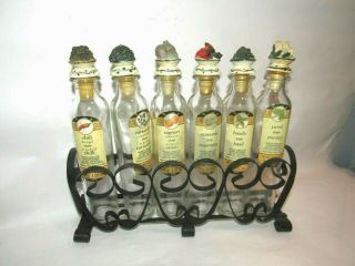 Vintage Scroll Metal Spice Rack With 6 Glass Apothecary Bottles W/ Vegetable Top
