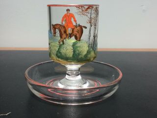 Hand Painted Art Deco Glass Cigarette Cup Ashtray Equestrian Fox Hunt