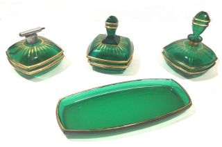 Vintage Emerald Green And Gold Glass Art Deco Vanity Dresser Set Stunning