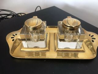 Antique 1890 Arts & Crafts Secessionist Movement Brass Double Inkwell Desk Tidy 2