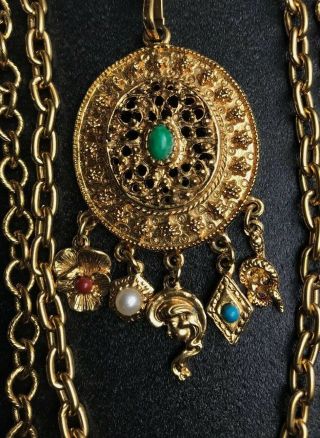 Vintage Triple Strand Gold Tone Art Nouveau Style Pendant Necklace W/charms