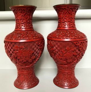 Pair Vintage Chinese Cinnabar & Blue Cloisonne Vases