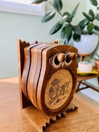 Vintage Owl Wood Cork Coasters 70s Retro Set 6
