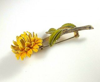 Vintage Large Weiss Signed Yellow Flower Green Leaf Enamel Pin Brooch
