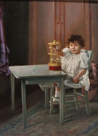 19th C.  French Oil Painting Of A Child W/ Toy Carousel C.  1870 Antique