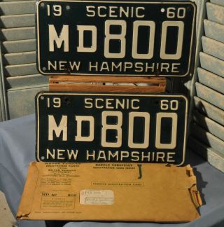 2 Antique 1960 Hampshire License Plates Md 800 Pair Merrimack Matched Scenic
