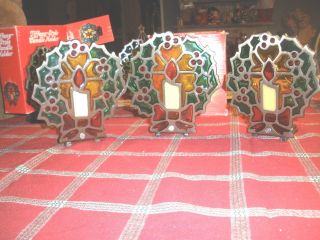 3 Vtg Tiffany Style Stained Glass Wreath Christmas Glo - Candle Holder 1987