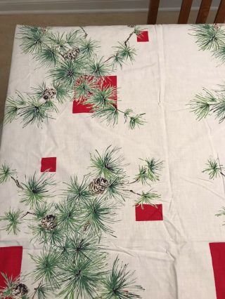 Vintage Mid Century Christmas Tablecloth Pinecones & Pine Boughs W/ Red Squares