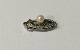 Vintage 14k White Gold Filagree & 3.  85mm Pearl 5/8” Necklace Or Bracelet Clasp