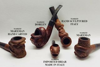5 Vintage Hand Carved Briar Smoking Pipes Dorlen - Marxman - Italian
