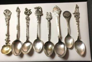 Eight Vintage.  800 Silver Souvenir Spoons,