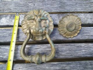Vintage Brass/bronze Lion Head Door Knocker W/ Strike Plate; Scowling Face?