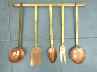 Set Of 5 Vintage French Copper Kitchen Utensils With Brass Rail