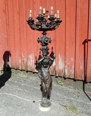 Rare Cast Iron Newel Post Figural Lamp 19th C.  Antique Eight (8) Lights