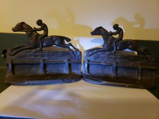 Vintage Horse Racing Book Ends - 7 " X 6 " Patina And Dark Brown Color