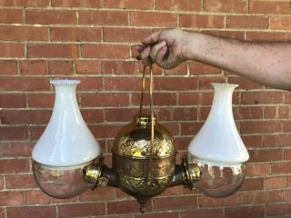 C Antique Double Angle Brass Kerosene Oil Lamp With Elbow & Milk Glass Shades