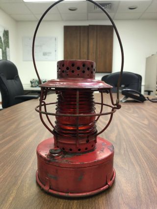 Vintage Handlan Railroad Red Lantern Lamp W/ Red Glass Globe