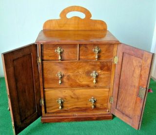 Antique Apprentice Piece Figured Walnut Table Top Cabinet Drawers Locking Doors