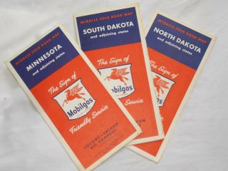 3 Vintage Mobilgas Socony Vacuum Oil Co.  Road Map North South Dakota Minnesota