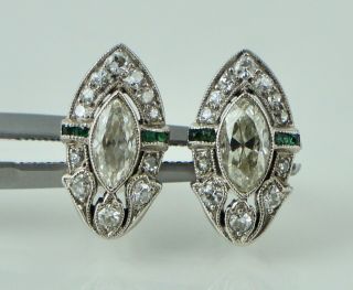Art Deco Platinum Diamond Emerald Vintage Stud Earrings Marquise Antique Halo