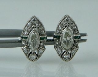 Art Deco Platinum Diamond Emerald Vintage Stud Earrings Marquise Antique Halo 2
