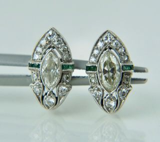 Art Deco Platinum Diamond Emerald Vintage Stud Earrings Marquise Antique Halo 3